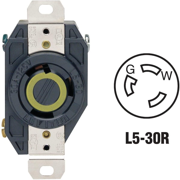 Locking Receptacle, L5-30R, 30 A, 125V AC, Black
